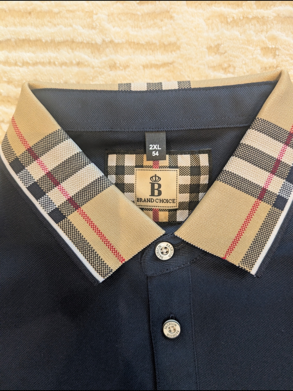 Men’s Navy Polo with Beige Plaid Contrast Collar - 2XL